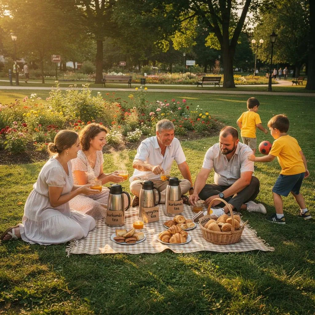 Aranysárga kurkuma tea gőzölgő bögrében, mellette friss fűszernövények.