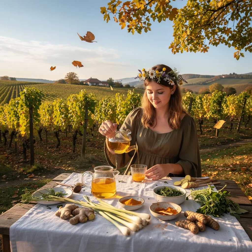 Kellemes teaélmény bemutatása rusztikus háttér előtt, természetes elemekkel.